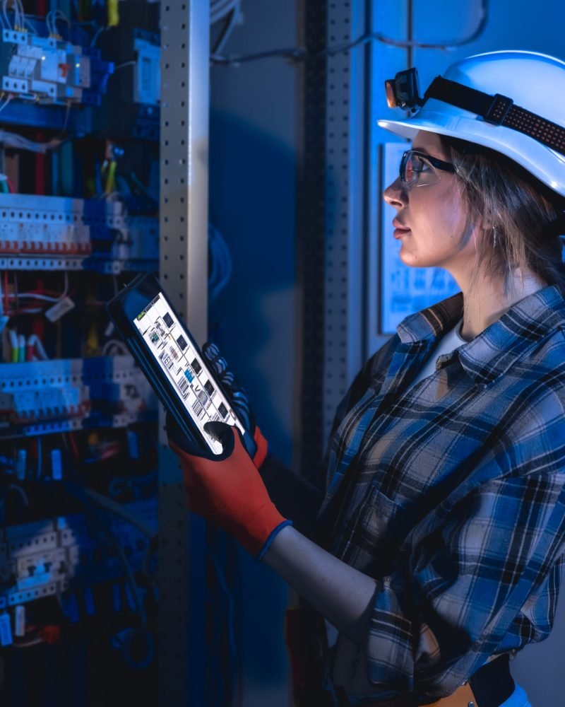 Side view of a woman technician in hard hat and gloves matching tablet schematics to a distribution panel. Blue neon lighting suggests realtime monitoring and predictive maintenance.